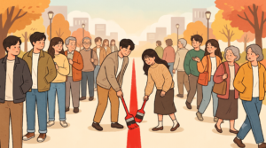 말소기준권리를 줄 서기 기준선에 비유한 그림